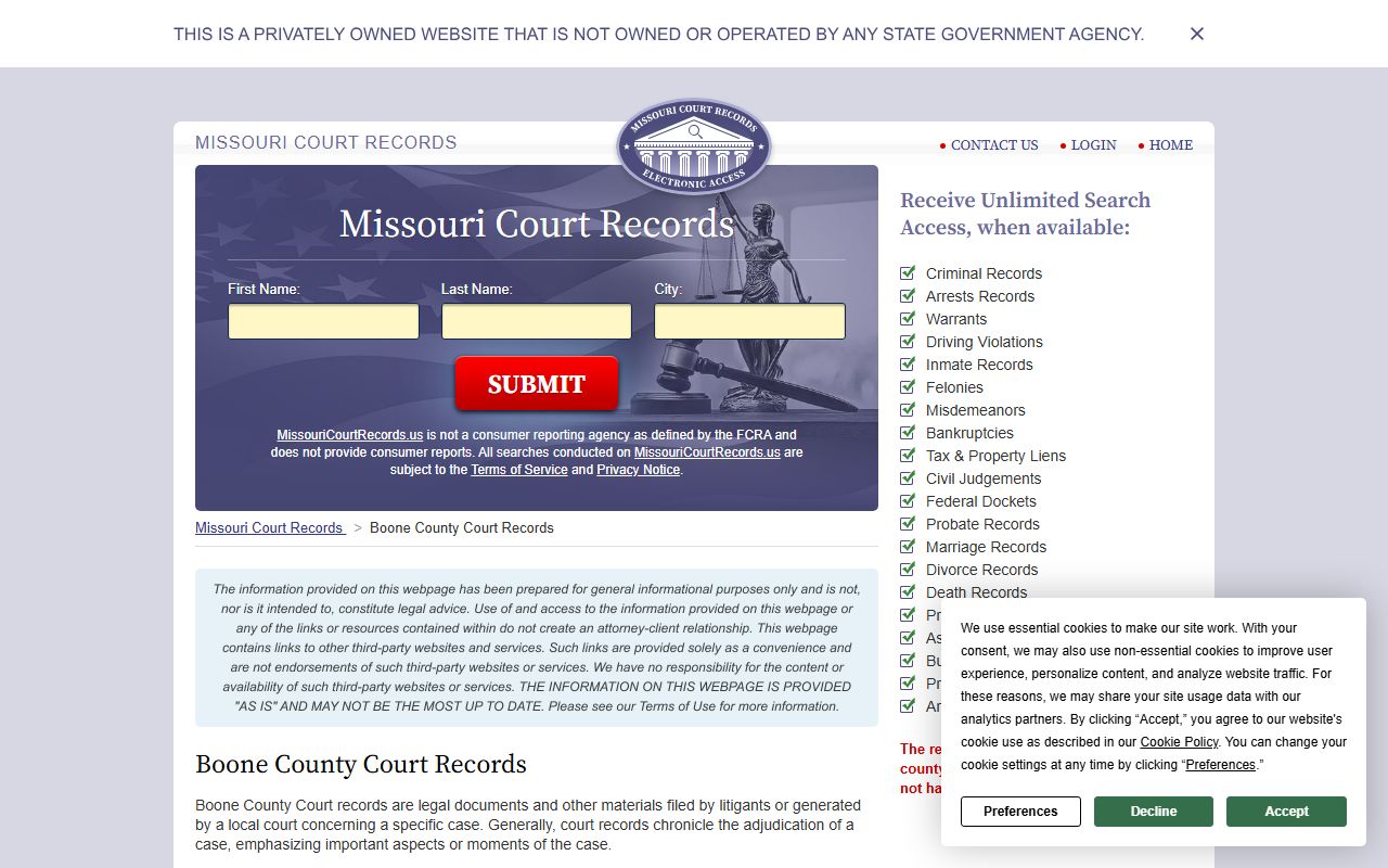 Boone County comprehensive court records information for divorce decree access