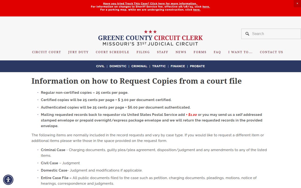 Greene County Circuit Clerk copy request page for divorce decree records