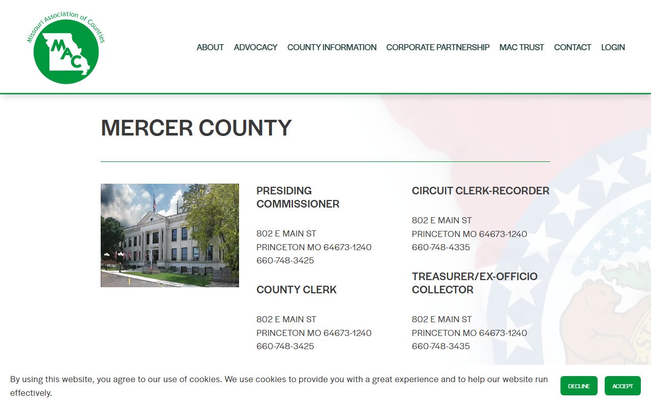 Missouri Association of Counties contact page for Mercer County divorce decree access