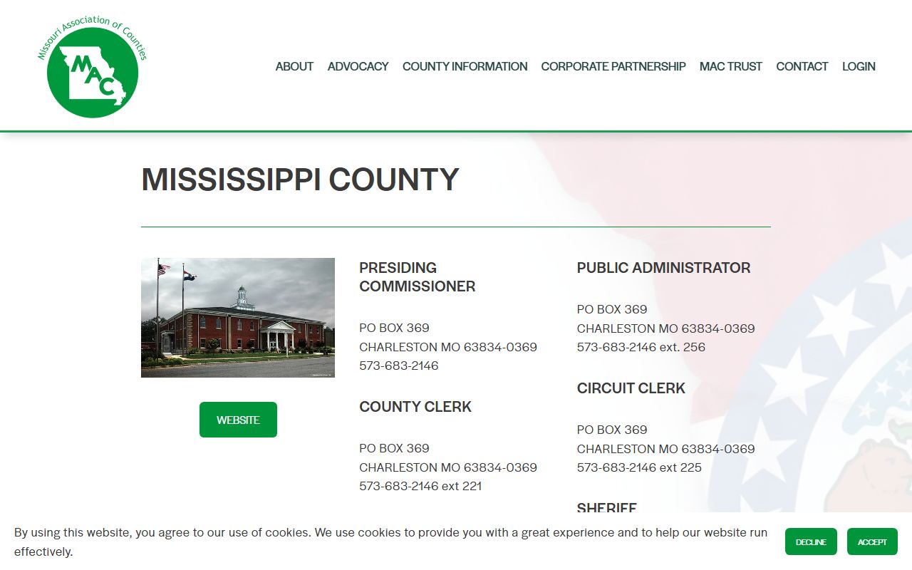 Missouri Association of Counties contact page for Mississippi County divorce decree access