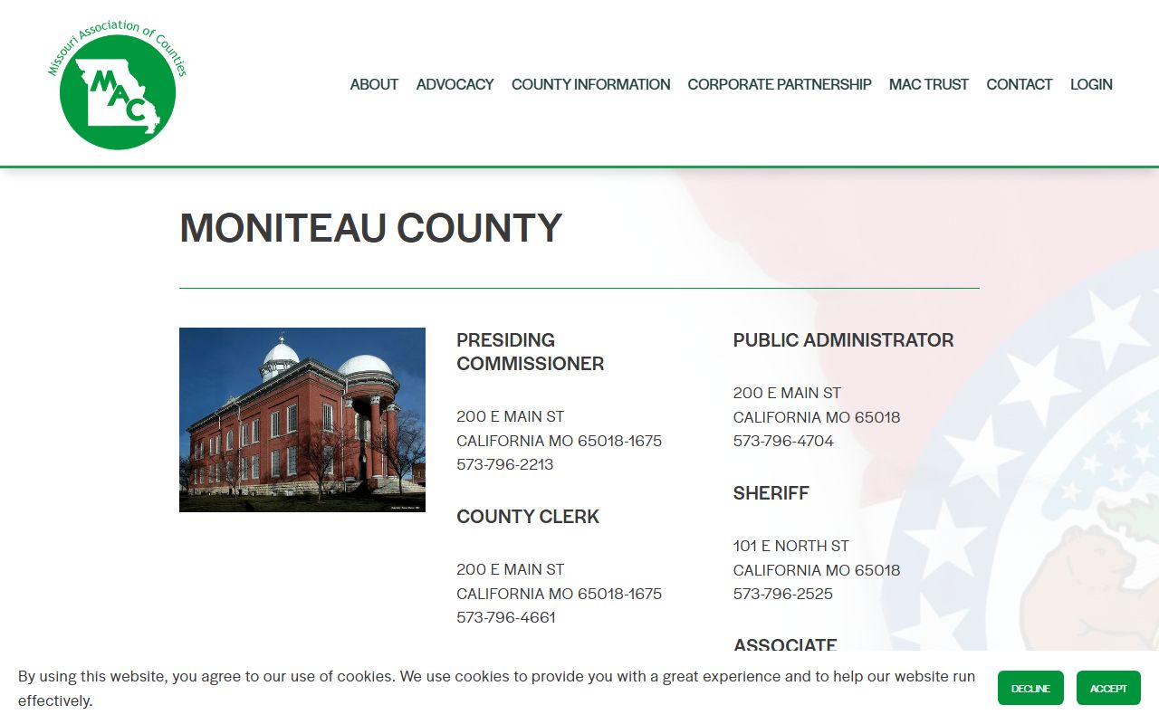 Missouri Association of Counties contact page for Moniteau County divorce decree records