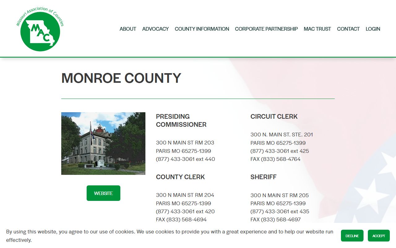 Monroe County Missouri Association of Counties divorce decree contact information