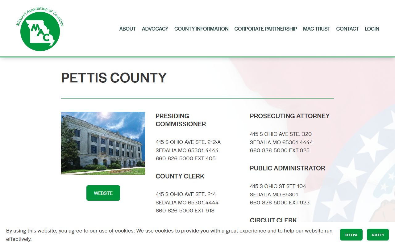 Pettis County Missouri Association of Counties divorce decree contact information