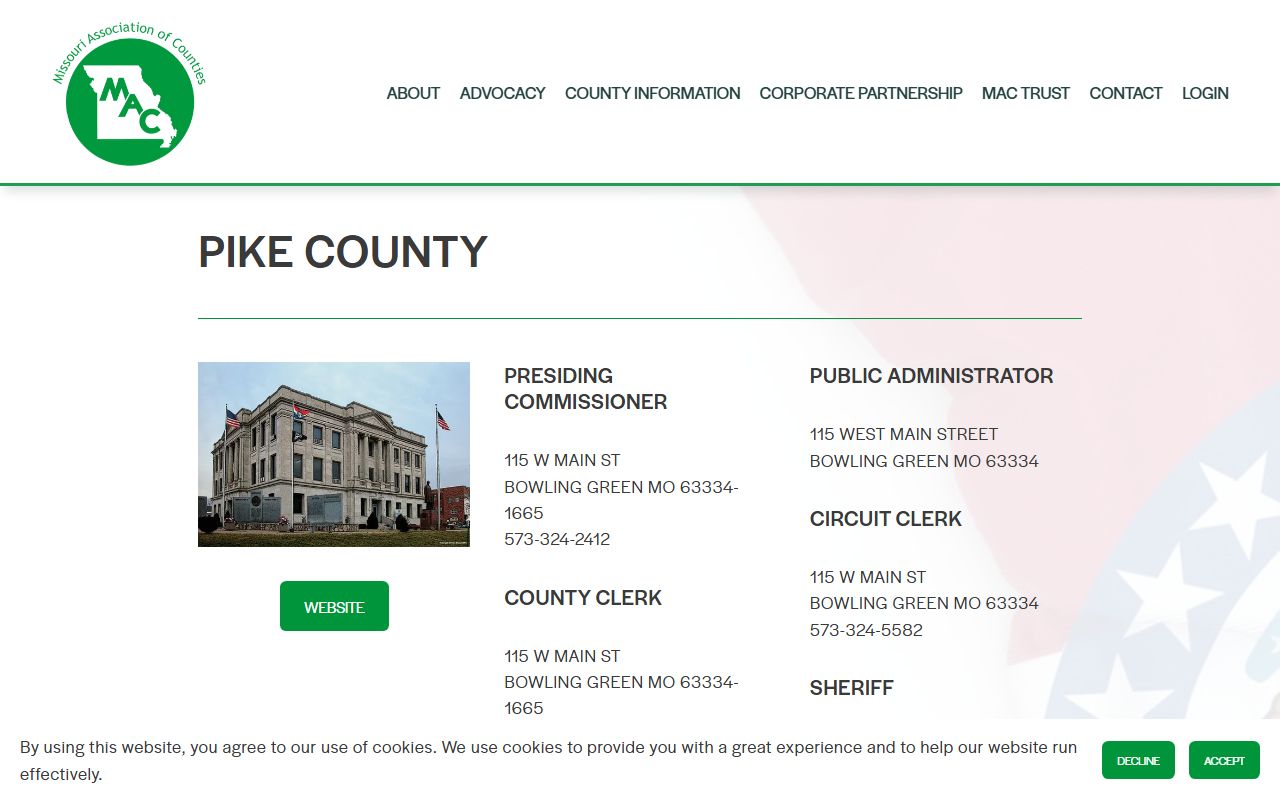Missouri Association of Counties contact information for Pike County divorce decree access