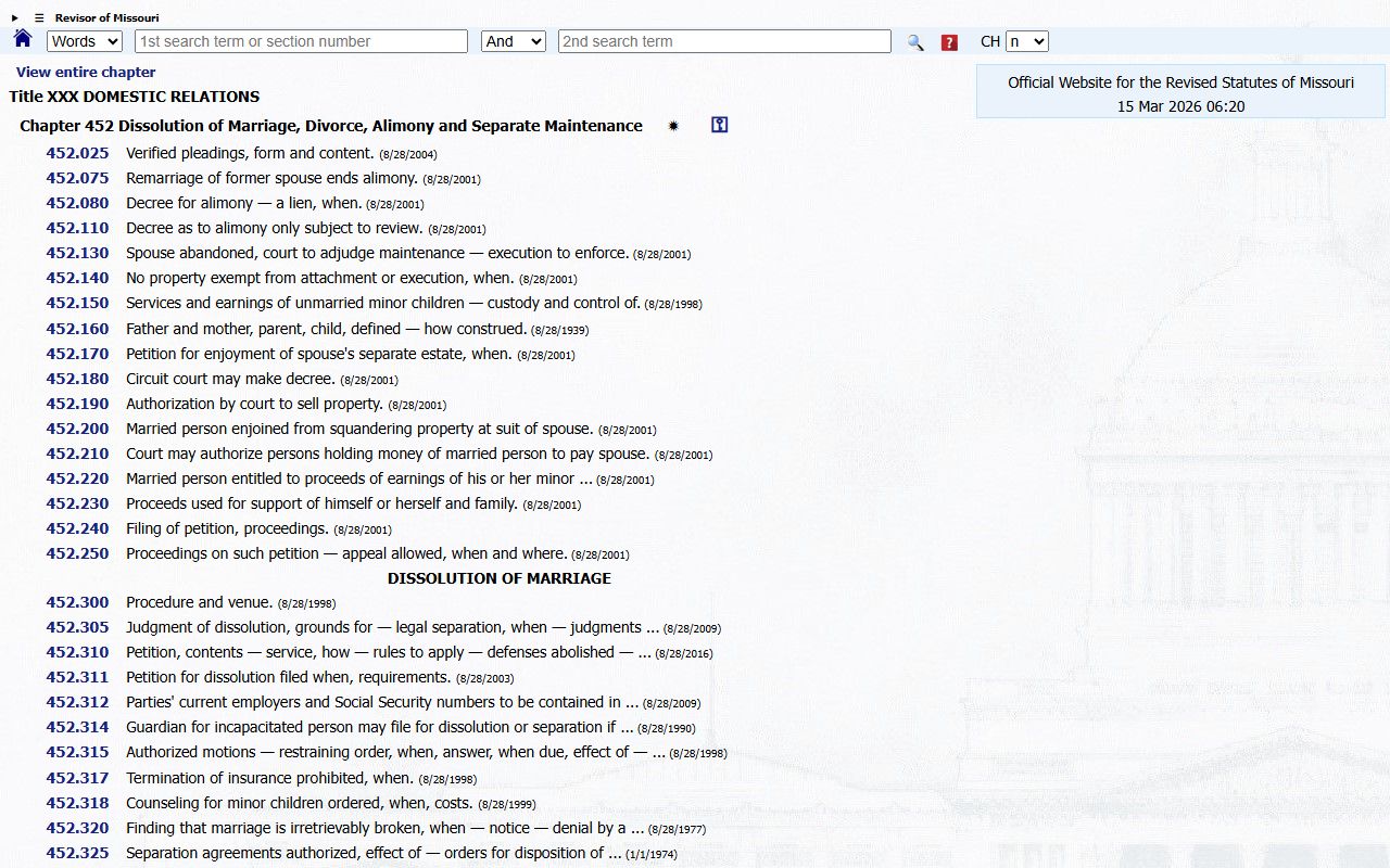 Missouri Revised Statutes Chapter 452 covering dissolution of marriage and divorce decree procedures