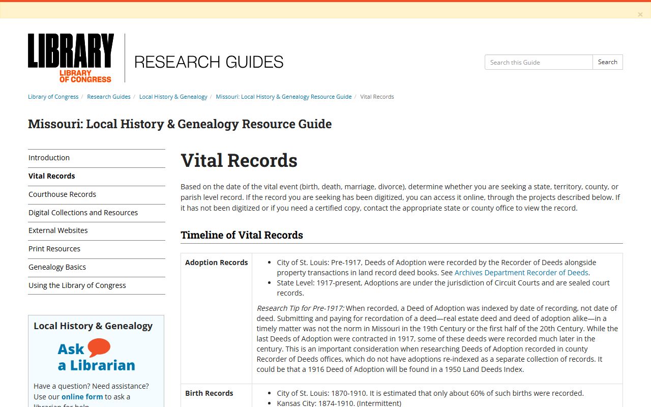Taney County Missouri divorce decree Library of Congress vital records guide